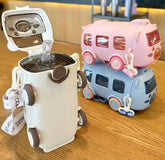 600ml Bus Water Bottle | Kids Cute Bus Shape | Strap, Sipper & Straw | Leakproof BPA Free (Random Colour)