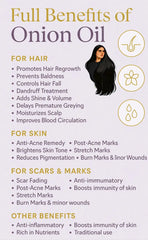 Cold-pressed Onion Oil, rich in Sulphur & Allicin, strengthens roots, reduces hair fall, and helps cover bald patches for healthier, fuller hair — 100% pure & natural.  Quantity 50ml