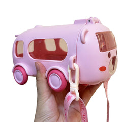 600ml Bus Water Bottle | Kids Cute Bus Shape | Strap, Sipper & Straw | Leakproof BPA Free (Random Colour)
