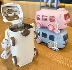 600ml Bus Water Bottle | Kids Cute Bus Shape | Strap, Sipper & Straw | Leakproof BPA Free (Random Colour)