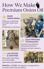 Cold-pressed Onion Oil, rich in Sulphur & Allicin, strengthens roots, reduces hair fall, and helps cover bald patches for healthier, fuller hair — 100% pure & natural.  Quantity 50ml